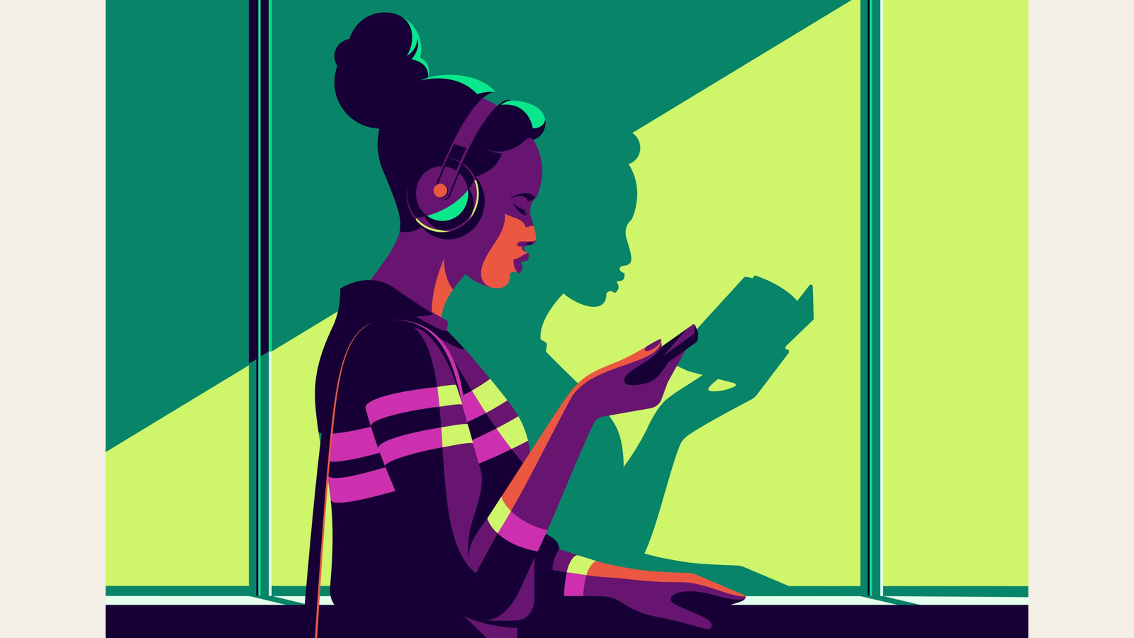 Listening hours desk with headphones