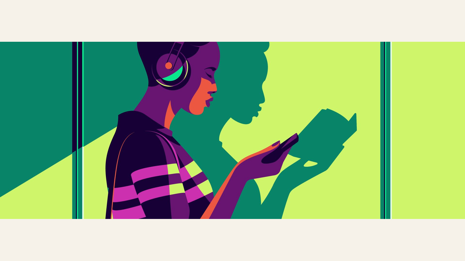 Commuter audiobook listening scene
